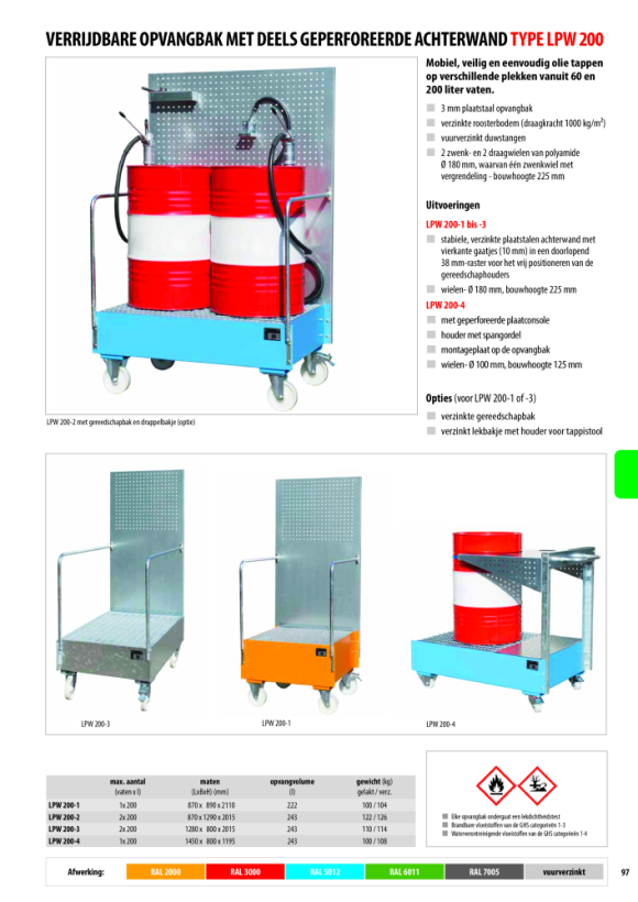 BAUER Opvangbak met geperforeerde wand LPW 200-3, gelakt, RAL 6011 Resedagroen 4447-60-0000-4