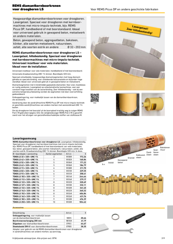 REMS Droge diamantkernboren LS TDKB LS 62x320xUNC 1 1/4 181506 R