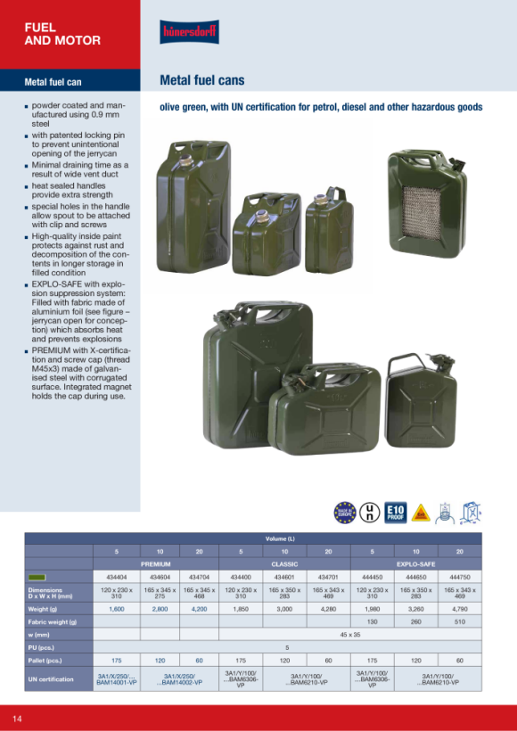 Hünersdorff Metall-Kraftstoff-Kanister EXPLOSAFE 10L,olivgrün, pulverbeschichtet 444650