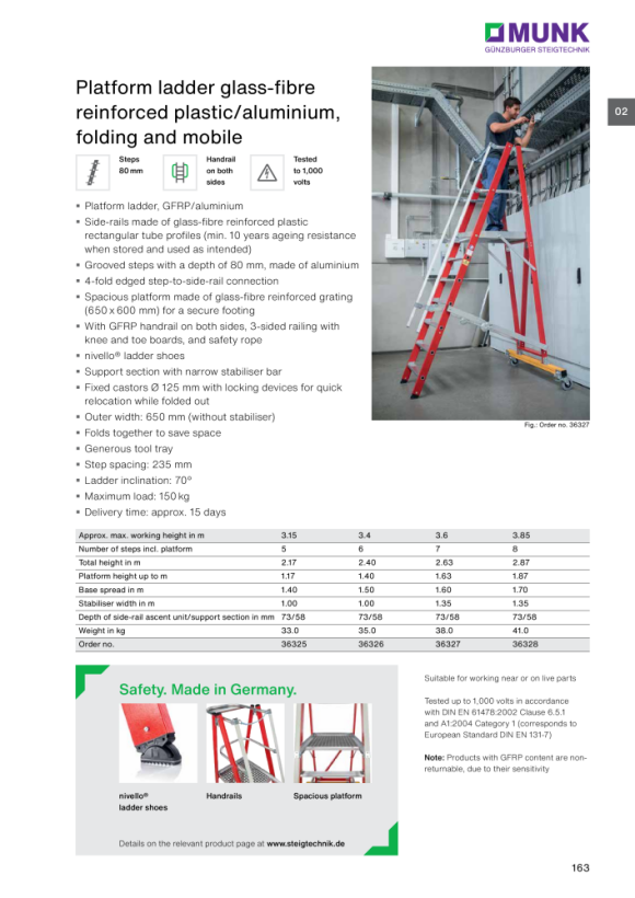 MUNK Platform ladder made of glass-fibre reinforced plastic / aluminium, folding and mobile, with glass-fibre reinforced plastic handrail 7 steps 36327