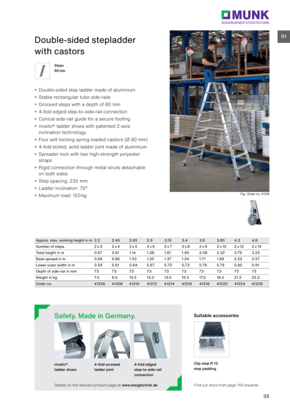 MUNK Double-sided stepladder with castors 2x3 steps 41206