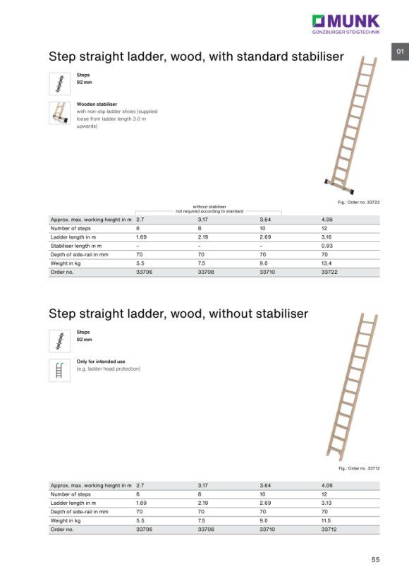 MUNK Step straight ladder, wood without stabiliser 6 steps 33706