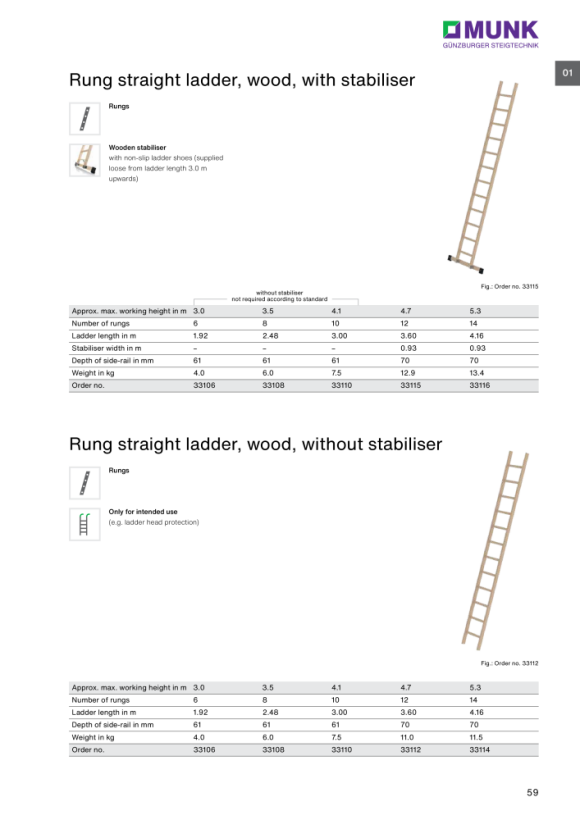 MUNK Rung straight ladder, wood with stabiliser 12 rungs 33115