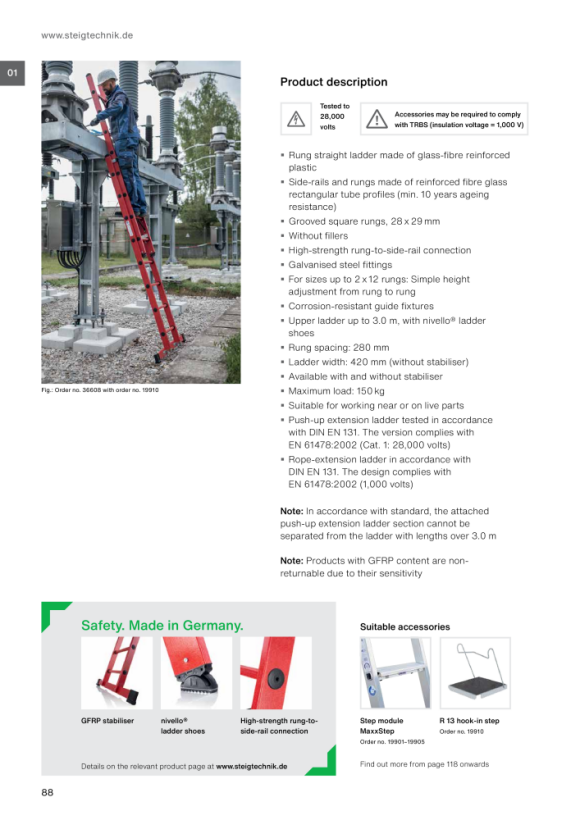 MUNK 2-section rung push-up extension ladder made of glass-fibre reinforced plastic without stabiliser 2x10 rungs 36110