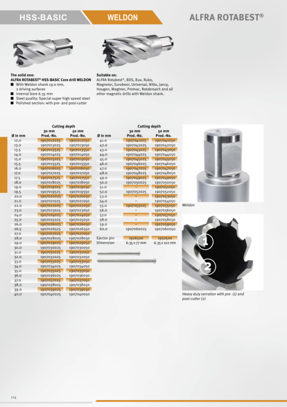 ALFRA Rotabest-HSS core drill Basic, cutting depth 50 mm, set with the following contents: 2X14,1X16,2X18,1X20,2X22,1X24,1X26 2 ejector pins, set of 10 1907001050