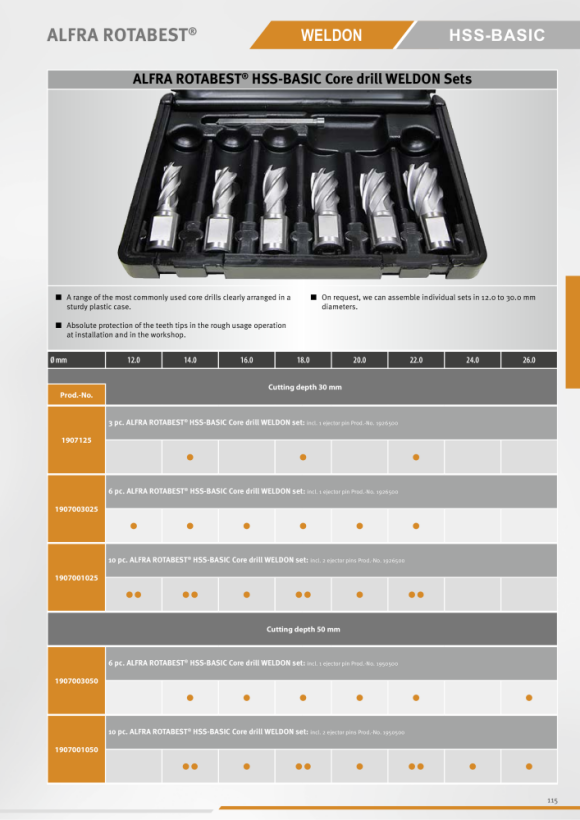 ALFRA Rotabest-HSS core drill Basic, cutting depth 50 mm, set with the following contents: 2X14,1X16,2X18,1X20,2X22,1X24,1X26 2 ejector pins, set of 10 1907001050