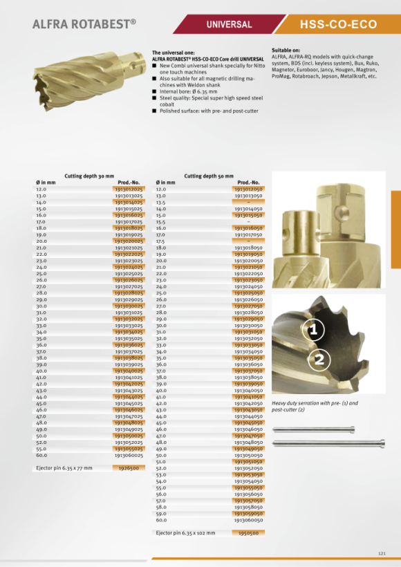 ALFRA Rotabest HSS co-core drill bit with universal shank Ø 35 mm - cutting depth 30 mm 1913035025