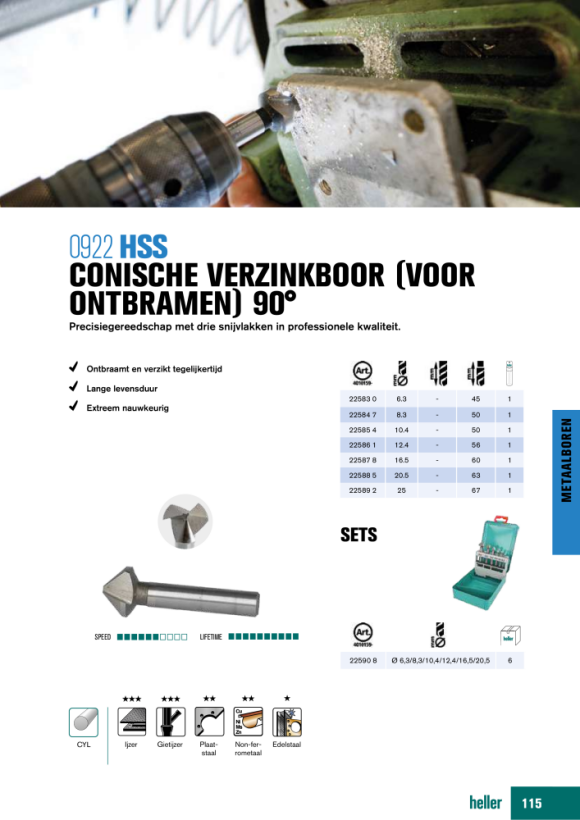 Heller Tools HSS Kegel- und Entgratsenker 90°, Rundschaft, Satz 6-teilig Ø 6,3/8,3/10,4/12,4/16,5/20,5 22590