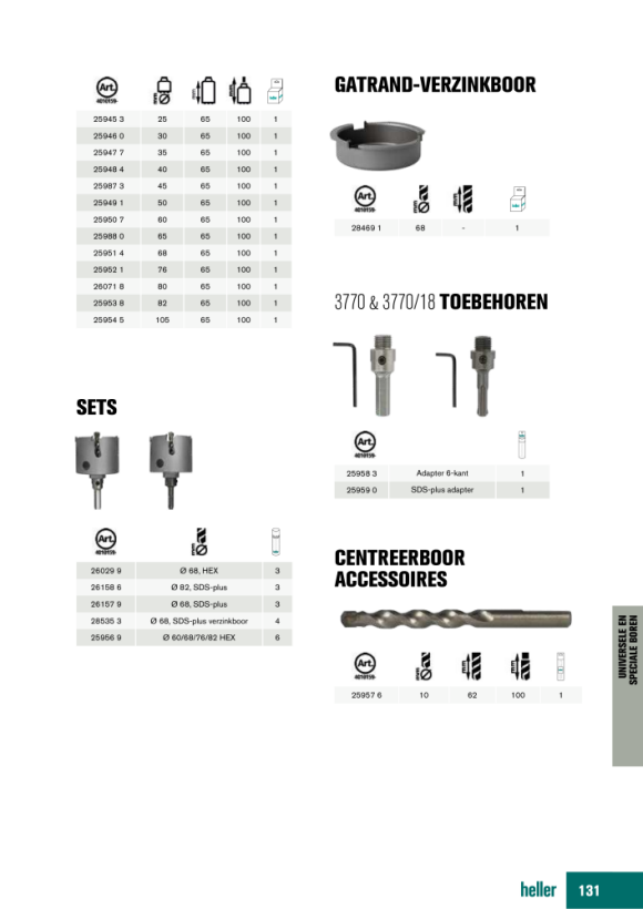 Heller Tools AllMat Mehrzweck-Lochsäge, M16-Gewinde,  Satz 4-teilig Ø 68 x 65/100 mm + Lochrandsenker Ø 68 + Zentrierbohrer + Adapter SDS-plus 28535