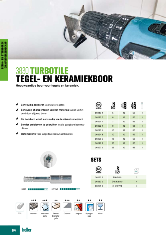 Heller Tools TurboTile Fliesen- & Keramikbohrer, Rundschaft,  Satz 4-teilig Ø 5/6/8/10 26232