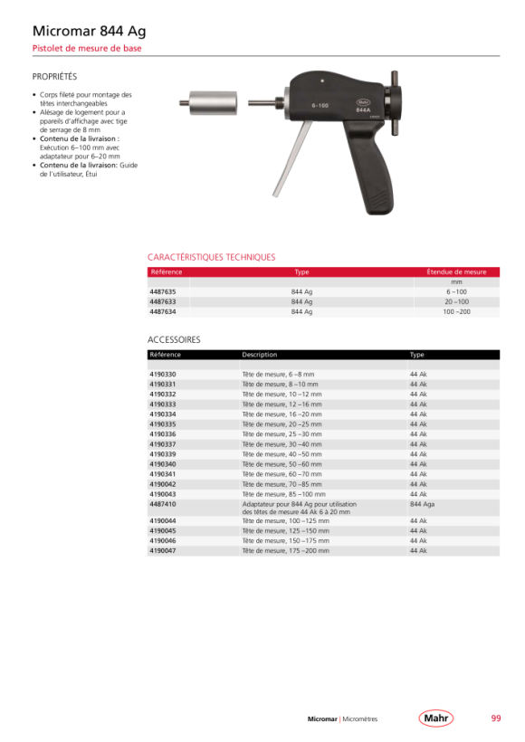 Mahr Pistolet de mesure 844 Ag, 6-100mm, avec adaptateur (nouveau Des) 4487635