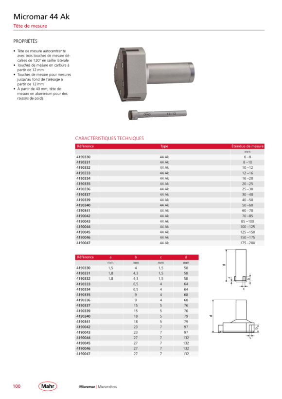 Mahr Tête de mesure 44 Ak 40-50 mm pour mesure en trois points mK 4190339