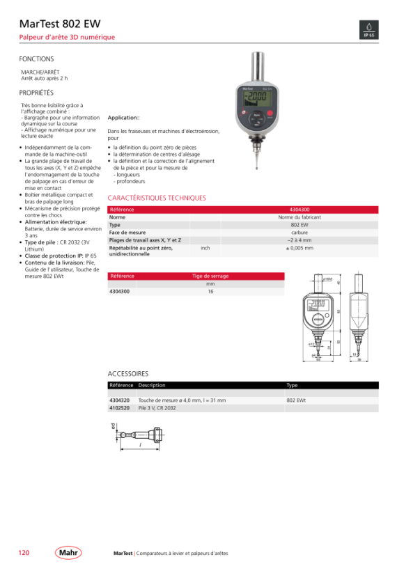 Mahr 802 NW Détecteur de bord 3D analogique Skw 0,01 mm XYZ 6,6 mm mK 4304311