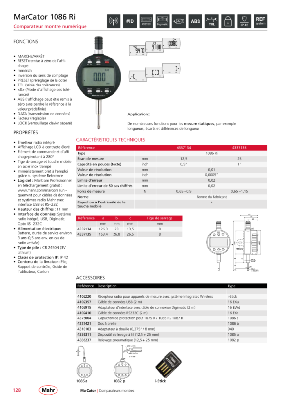 Mahr 1086 Ri Cadran Numérique 25mm/1? ZW 0,01 mm mK 4337135