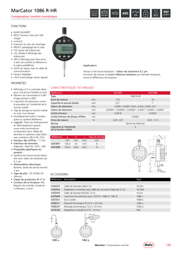 Mahr 1086 R-HR Comparateur numérique 25 mm/1 ? ZW 0,1 µm mK 4337698