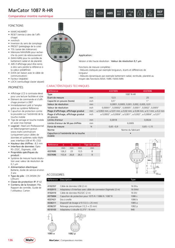 Mahr 1087 R-HR Comparateur numérique 25 mm/1 ? ZW 0,1 µm mK 4337696