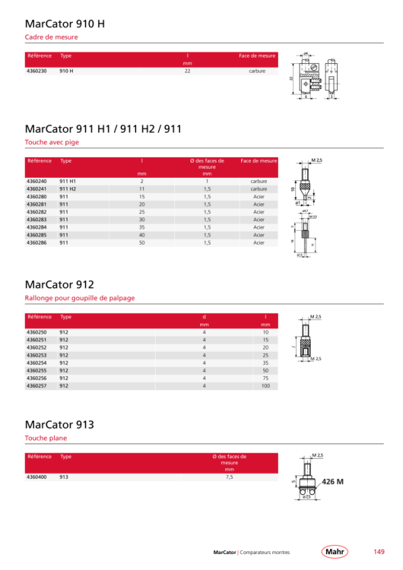 Mahr 912 Pointe de mesure pièce intermédiaire 20 mm 4360252