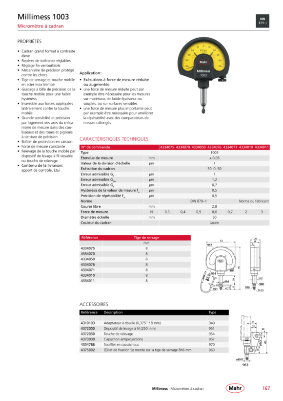 Mahr 1003 pointeur de précision Millimess ±50µm / 1µm 0.5N mK 4334050