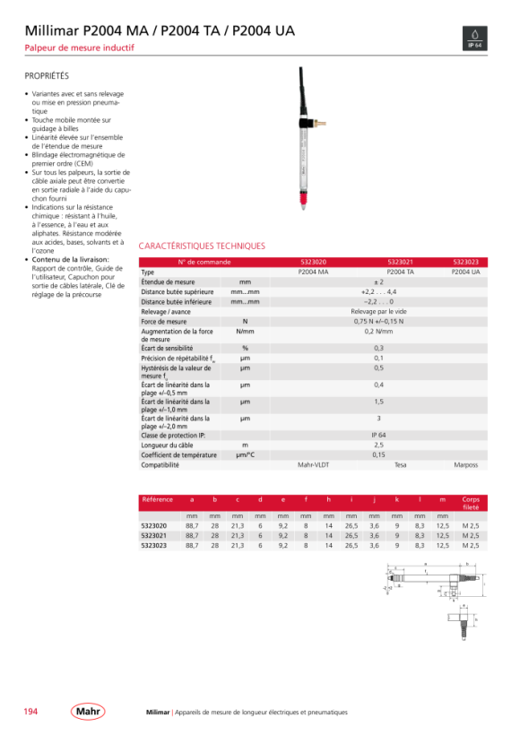 Mahr P2004 TB Palpeur inductif de mesure de longueur avec K. 5323031