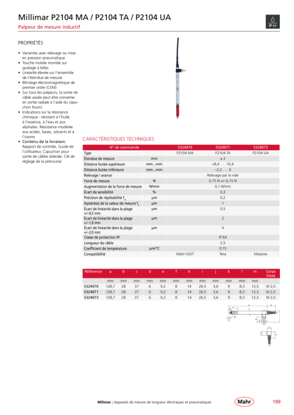 Mahr P2010 TB Palpeur inductif de mesure de longueur avec K. 5324031