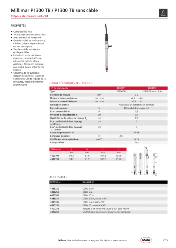 Mahr P1300 TA Sonde inductive sans câble, avec K. 4400192