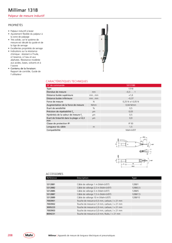 Mahr Pointe de touche HM, 1 mm, 1318 Puppitron 7003902