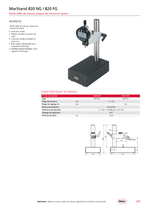 Mahr 820 NC table de mesure 0-110 mm table céramique 80x80mm Ø8H7 mK 4432100