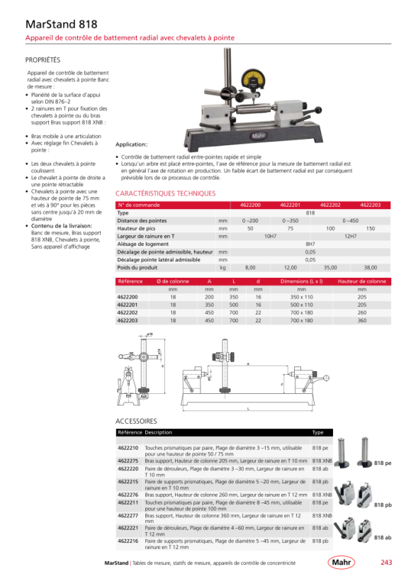 Mahr Testeur de concentricité 818 avec pointes h=150 mm x 450 mm mK 4622203