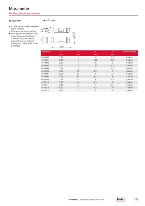 Mahr Insert de mesure avec galet en carbure Ø 3,0 mm / Ø 3,5x15,5 mm mK 4510207