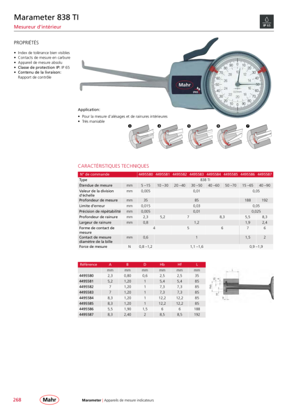 Mahr 838 TI sonde interne 40-90 mm Skw 0,05 mm profondeur de mesure 192 mm mK 4495587