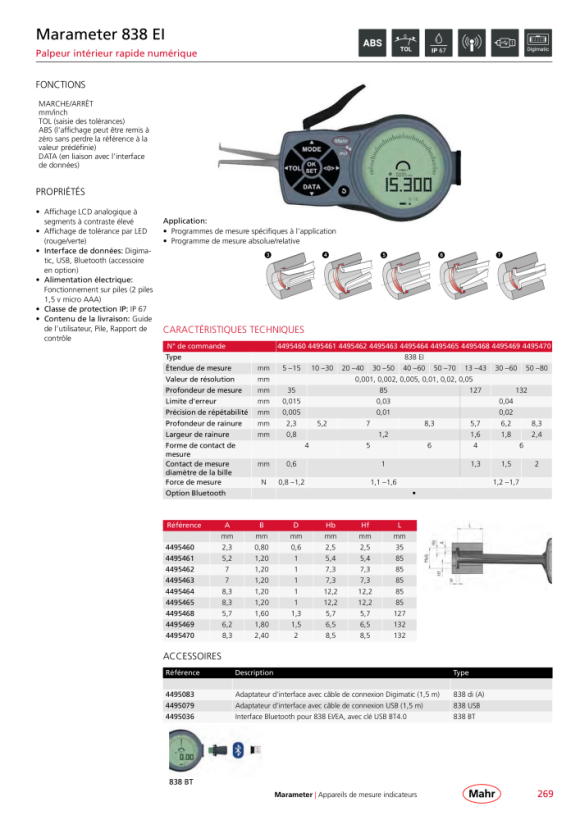 Mahr 838 EI sonde interne 5-15 mm, Zw 0,005 mm profondeur de mesure 35 mm 4495460