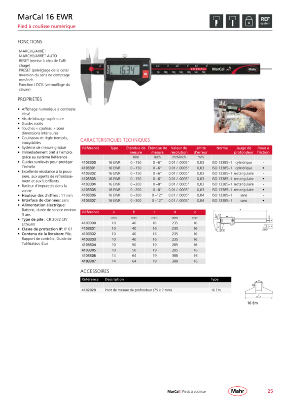 Mahr 16 EEE creuser. Pied à coulisse carré 150 mm Jauge de profondeur mK 4103302