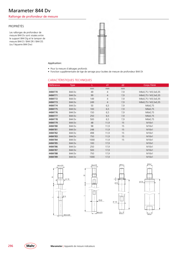 Mahr 844 Rallonge Dv Ø 11,9 mm, longueur 750 mm, M10 x 1 4484783