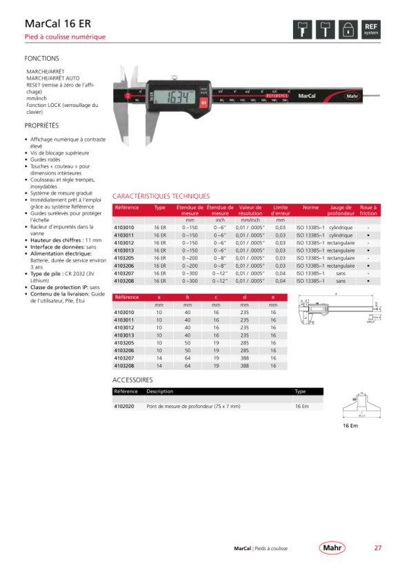 Mahr Pied à coulisse numérique 16 ER 150mm eck.Tiefm. friction mK 4103013