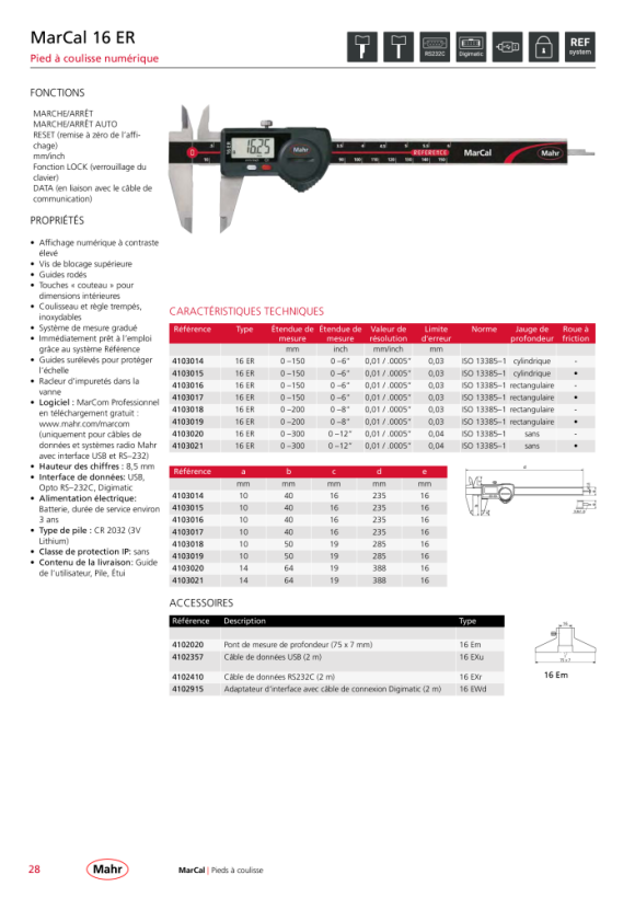 Mahr 16 ER pied à coulisse numérique 150 mm rd.TM roue de friction DA mK 4103015