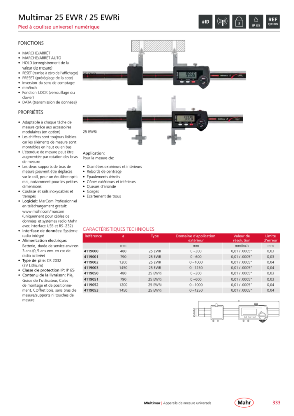 Mahr 25 Pieds à coulisse numériques universels EWRi 1250 mm avec radio en coffret wc 4119053