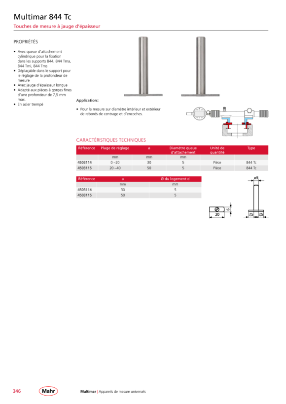 Mahr Insert de mesure 844 Tc avec plaque de mesure longue 20-40 mm 4503115