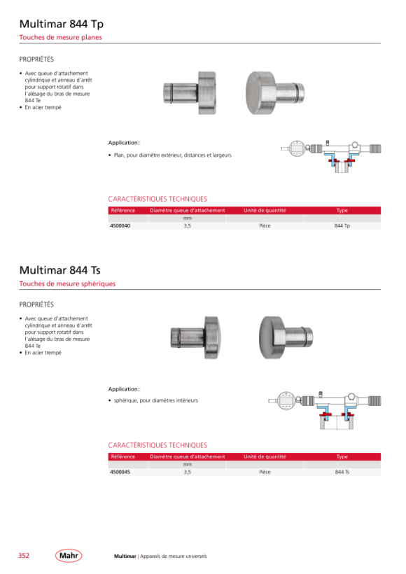 Mahr 844 Tk Touche de mesure à bille HM bille Ø 0,722 mm mK 4502625