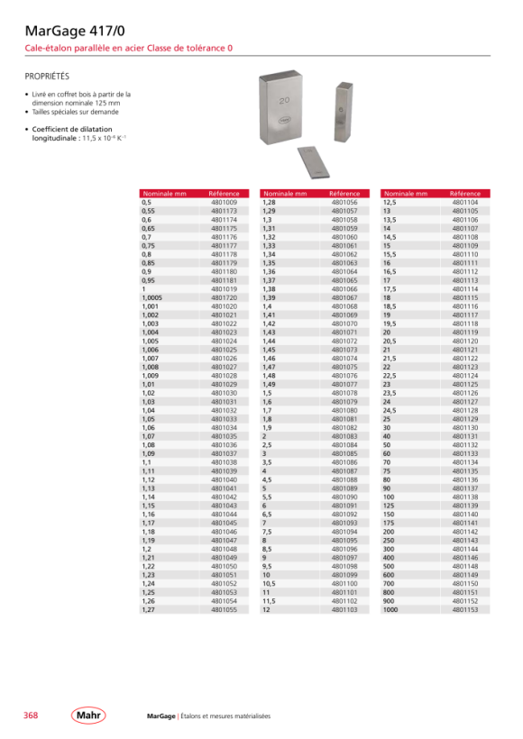 Mahr Cale étalon 417/0 Gen. 0 1.008 mm en acier mK 4801027