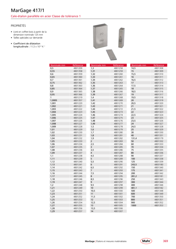 Mahr Cale étalon 417/1 Gen. 1 1,27 mm en acier mK 4801255