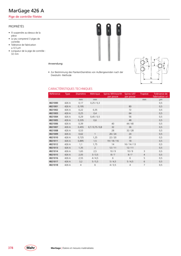 Mahr 426 A pointes de test de filetage Ø 2.550 mm avec anneau de suspension mK 4821016