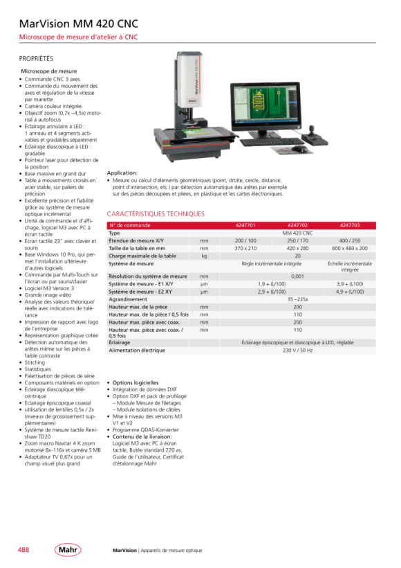 Mahr Microscope de mesure CNC MM 420, PC à écran tactile 200x100x200 M3 4247701