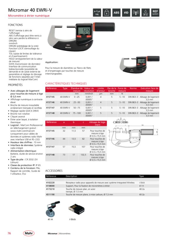 Mahr 40 EEE-V creuser. micromètre 50-75 mm m.DA mK 4157047