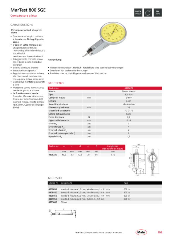 Mahr Inserto di misura 800 te2 con sfera HM da 1 mm 4308851