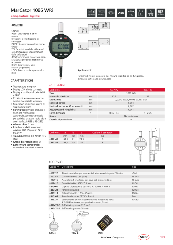 Mahr 1086 WRi Digital Indicator 25mm/1” res.0,0005mm w.c. 4337143