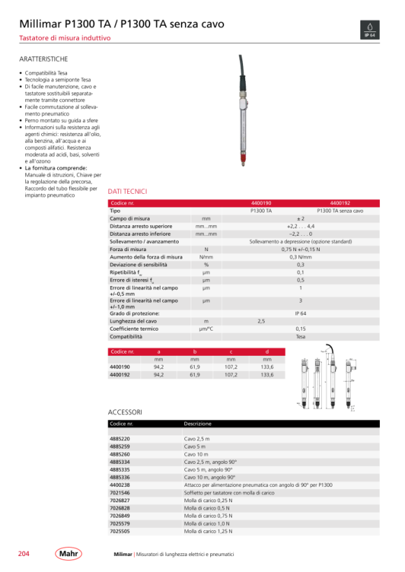 Mahr P1300 TB Inductive probe without cable, w. c. 4400193