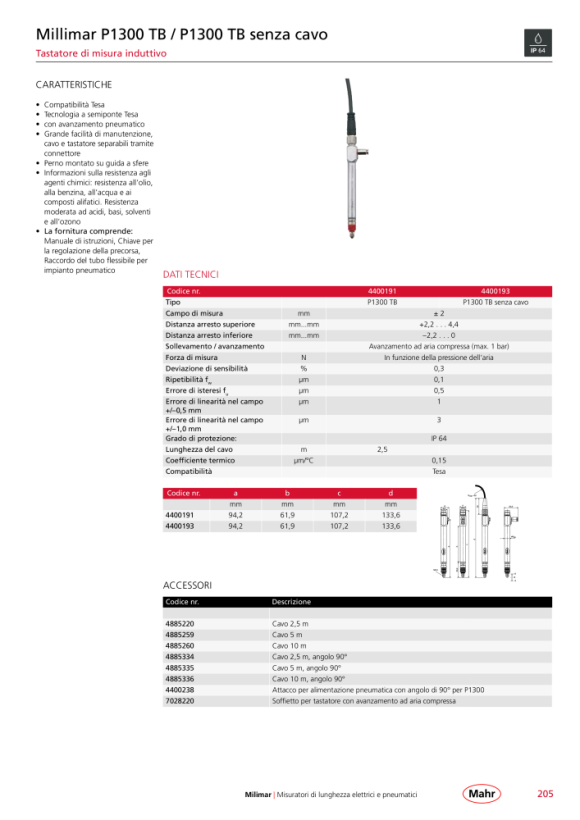 Mahr P1300 TB Inductive probe without cable, w. c. 4400193