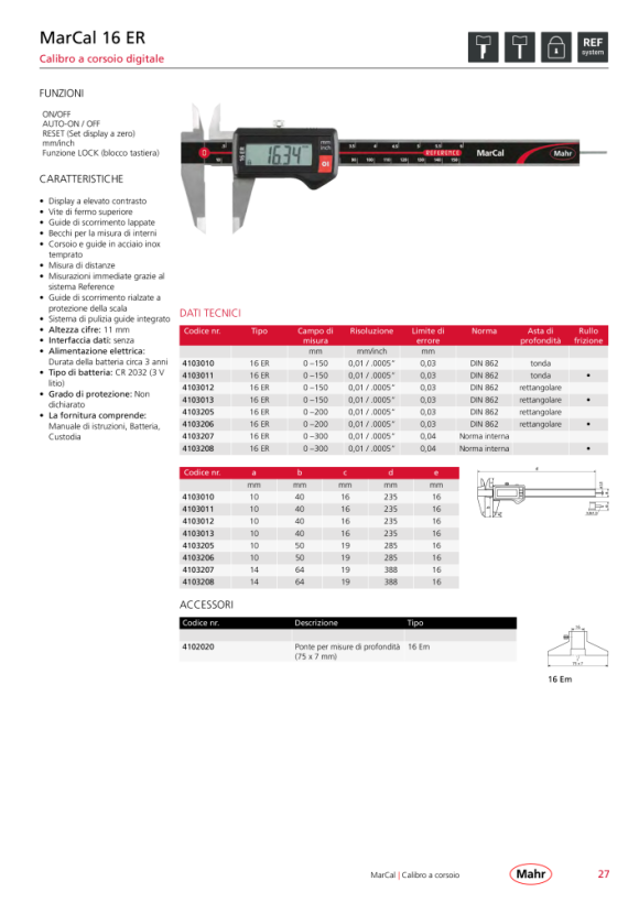 Mahr 16 ER Dig.Caliper 150 mm/6” rect. dep.rod th.wheel w.c. 4103013