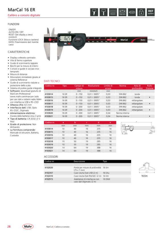 Mahr 16 ER Dig.Caliper 200 mm/8” rect. DR th.wheel Data w.c. 4103019