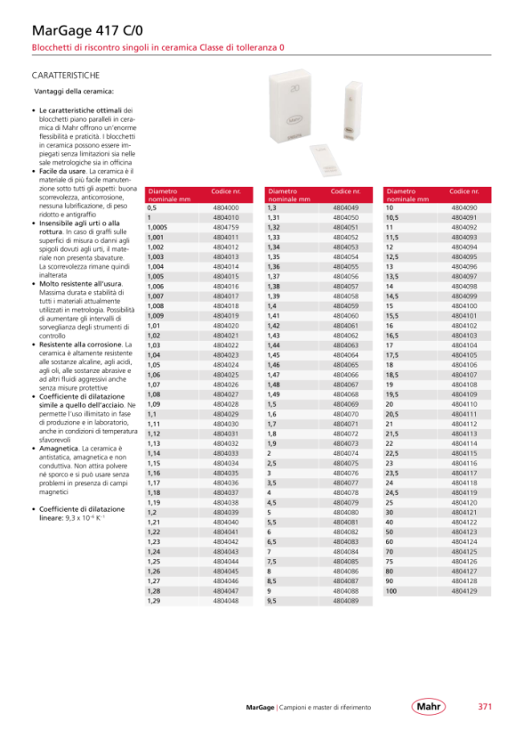 Mahr 417 C/0 Gage Block, Grade 0 1,04 mm Ceramic w.c. 4804023